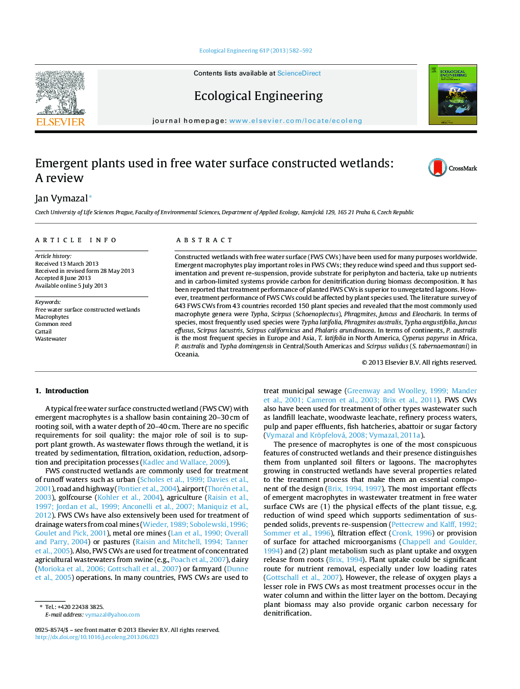 Emergent plants used in free water surface constructed wetlands: A review