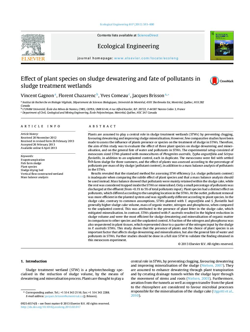 Effect of plant species on sludge dewatering and fate of pollutants in sludge treatment wetlands