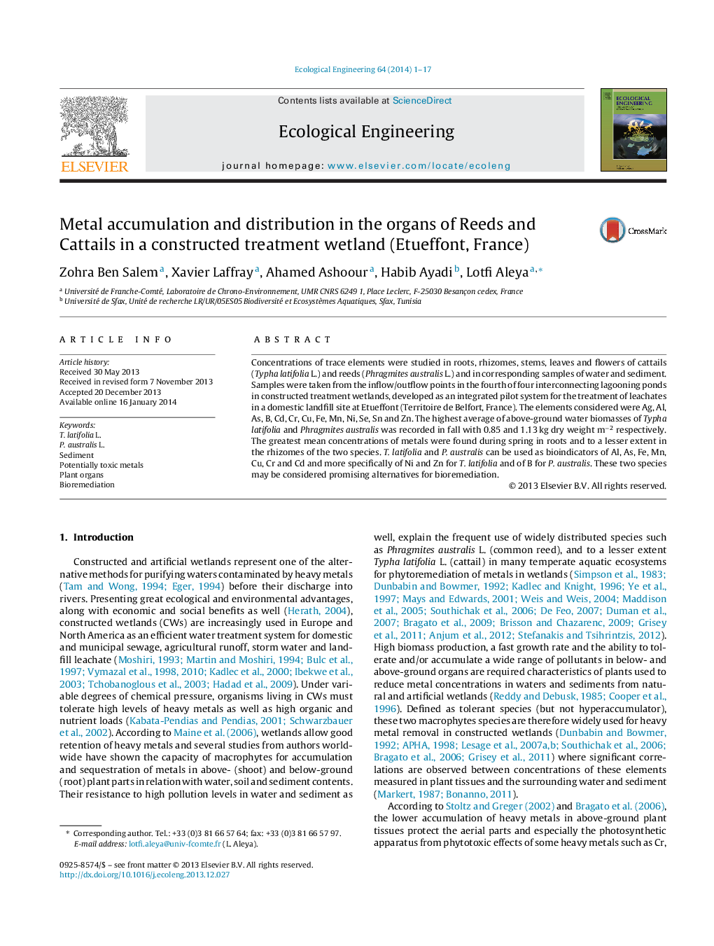 Metal accumulation and distribution in the organs of Reeds and Cattails in a constructed treatment wetland (Etueffont, France)