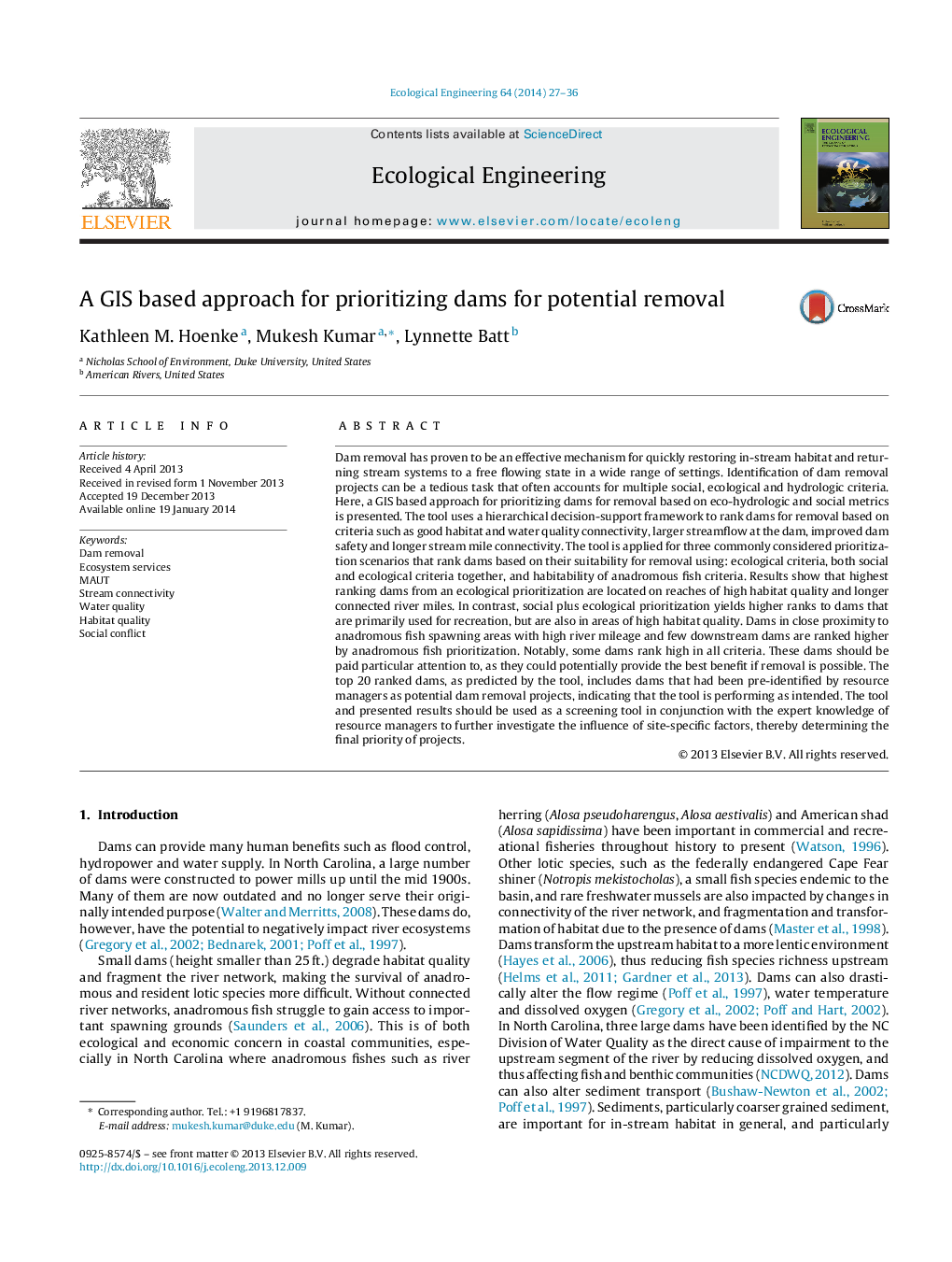 A GIS based approach for prioritizing dams for potential removal