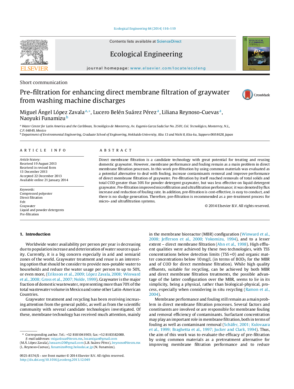 Pre-filtration for enhancing direct membrane filtration of graywater from washing machine discharges