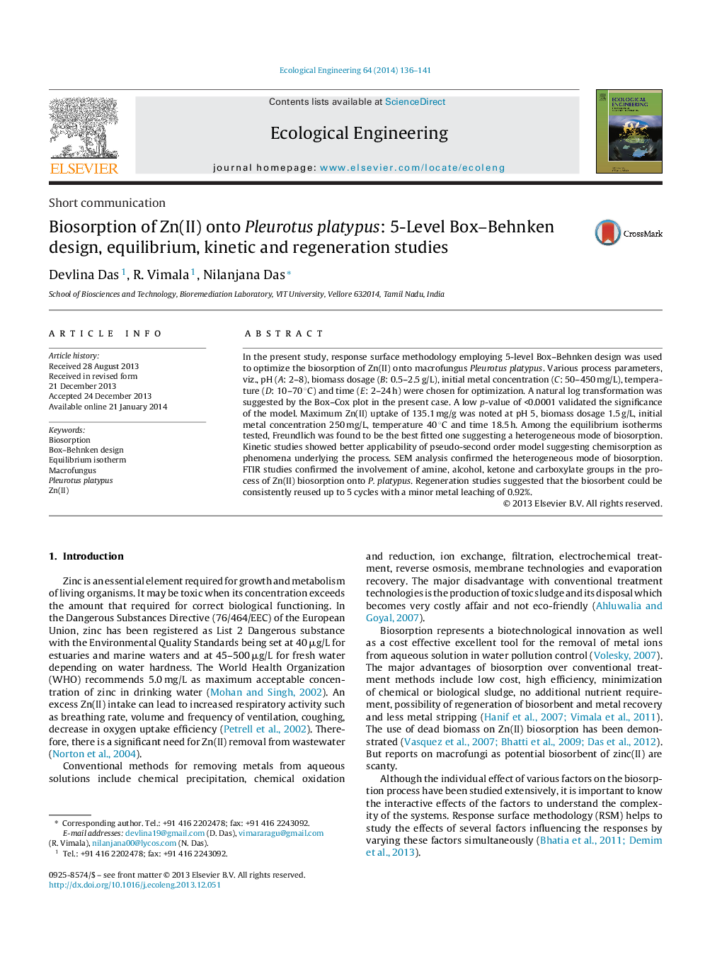 Biosorption of Zn(II) onto Pleurotus platypus: 5-Level Box–Behnken design, equilibrium, kinetic and regeneration studies