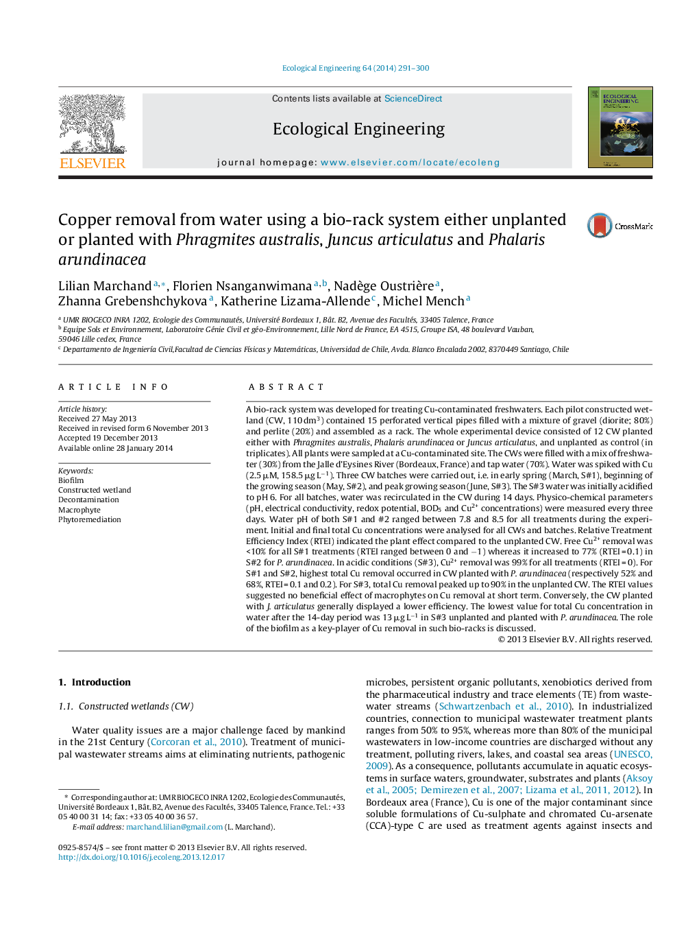 Copper removal from water using a bio-rack system either unplanted or planted with Phragmites australis, Juncus articulatus and Phalaris arundinacea