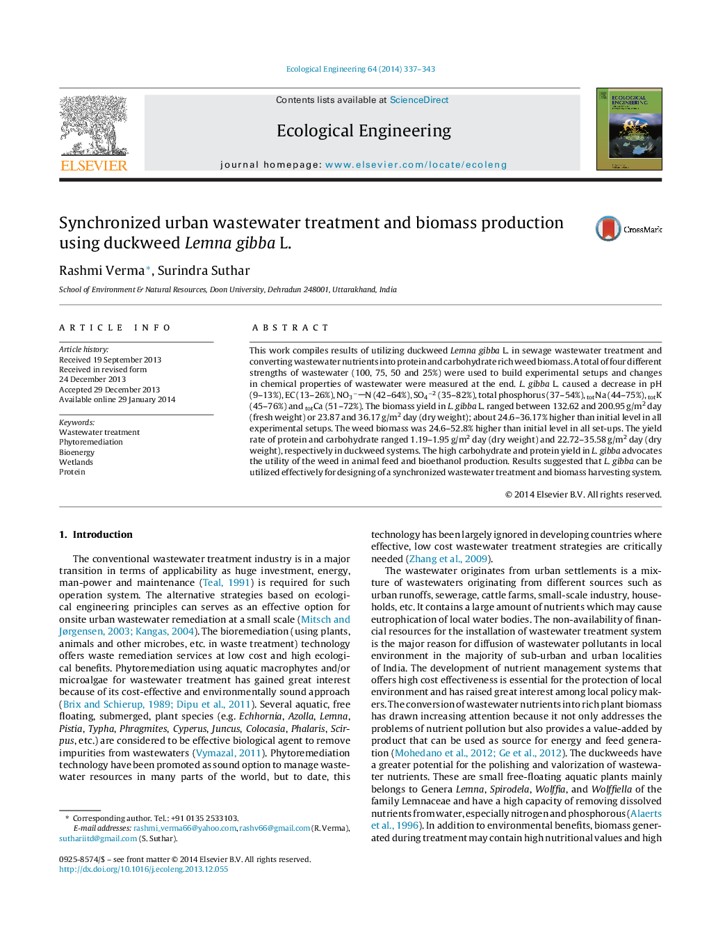 Synchronized urban wastewater treatment and biomass production using duckweed Lemna gibba L.