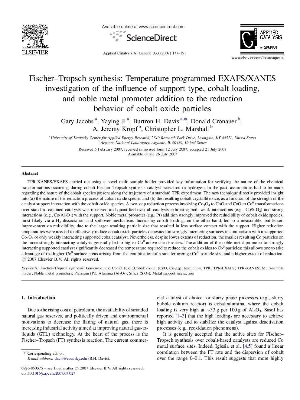 Fischer–Tropsch synthesis: Temperature programmed EXAFS/XANES investigation of the influence of support type, cobalt loading, and noble metal promoter addition to the reduction behavior of cobalt oxide particles