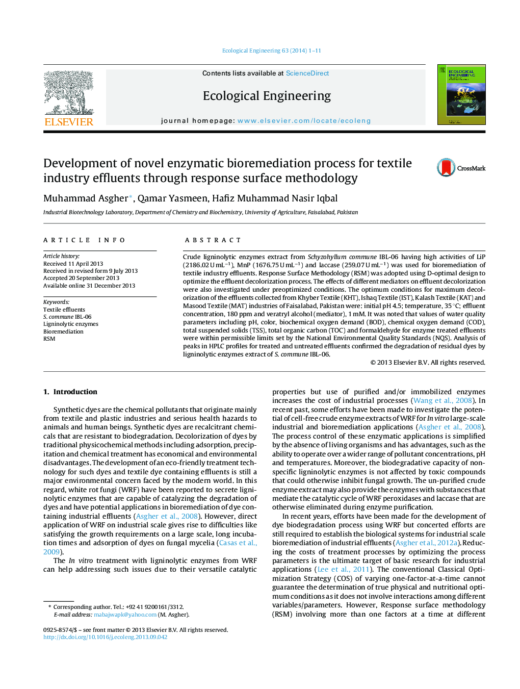 Development of novel enzymatic bioremediation process for textile industry effluents through response surface methodology