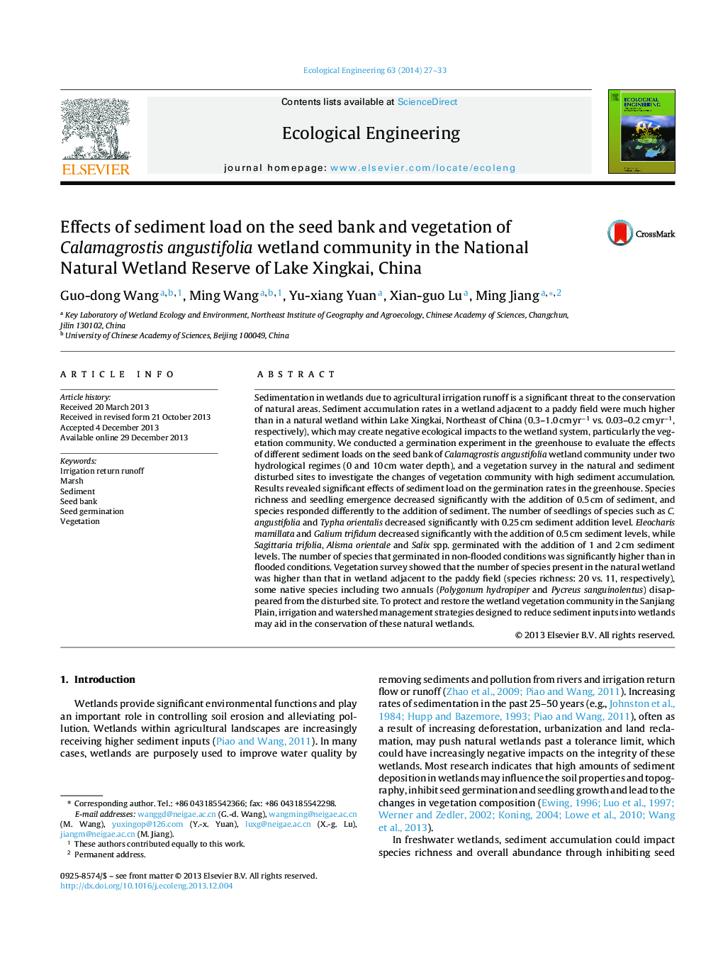 Effects of sediment load on the seed bank and vegetation of Calamagrostis angustifolia wetland community in the National Natural Wetland Reserve of Lake Xingkai, China