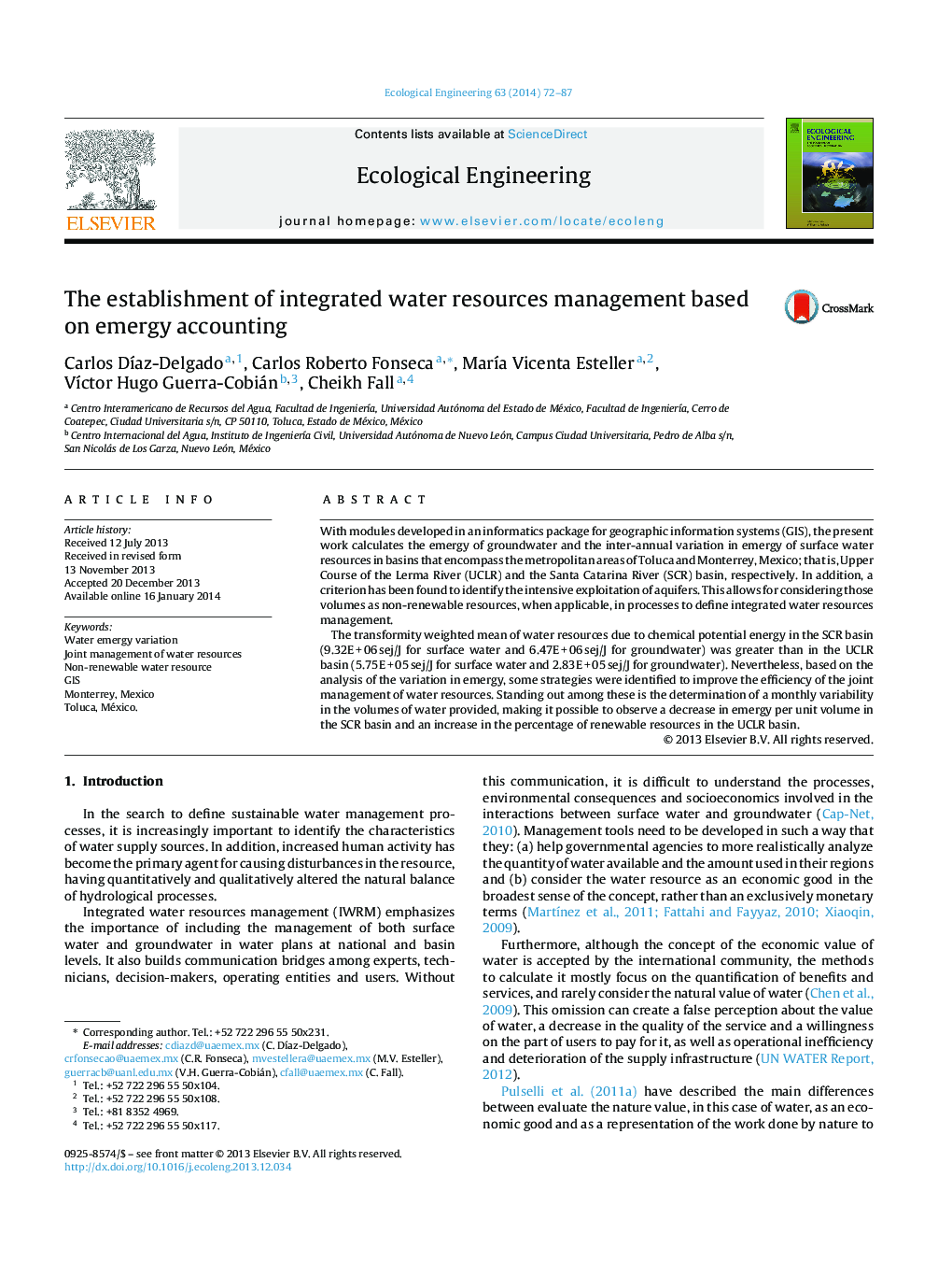 The establishment of integrated water resources management based on emergy accounting