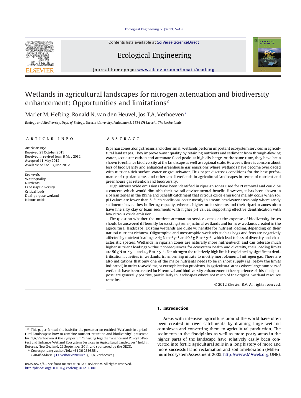 Wetlands in agricultural landscapes for nitrogen attenuation and biodiversity enhancement: Opportunities and limitations 