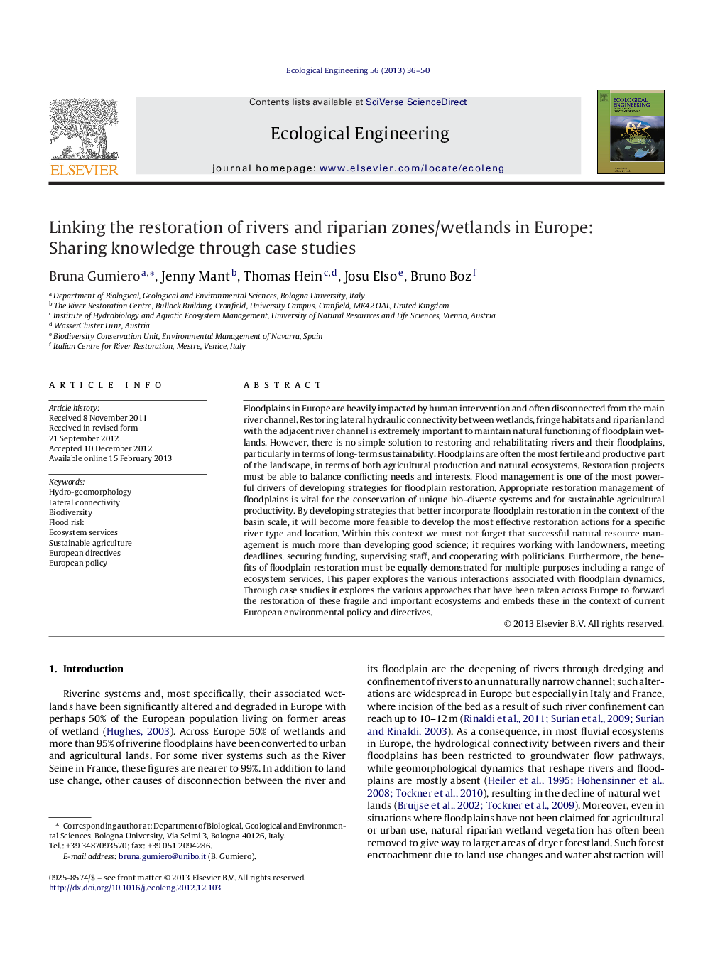 Linking the restoration of rivers and riparian zones/wetlands in Europe: Sharing knowledge through case studies