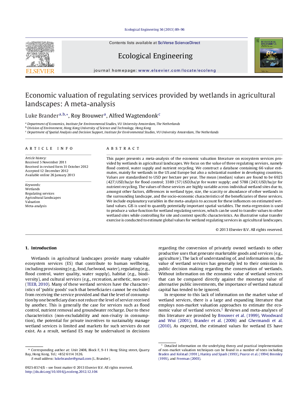 Economic valuation of regulating services provided by wetlands in agricultural landscapes: A meta-analysis