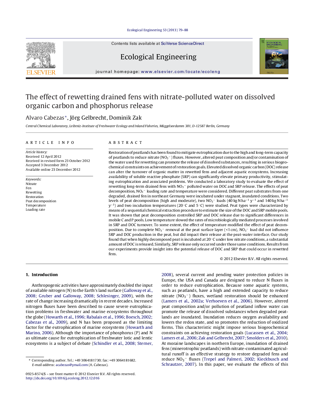 The effect of rewetting drained fens with nitrate-polluted water on dissolved organic carbon and phosphorus release