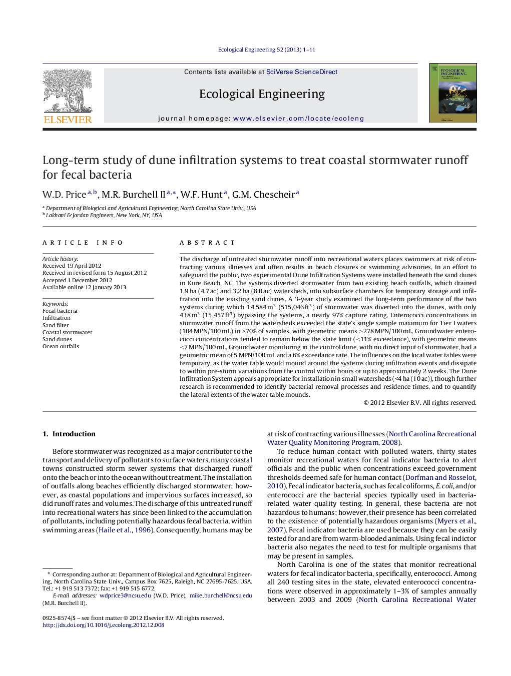 Long-term study of dune infiltration systems to treat coastal stormwater runoff for fecal bacteria