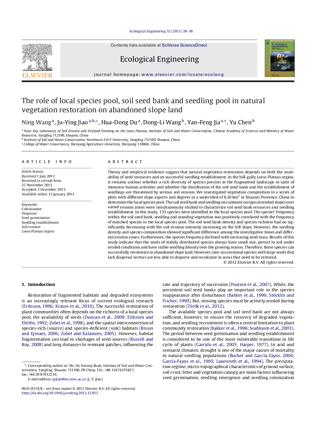 The role of local species pool, soil seed bank and seedling pool in natural vegetation restoration on abandoned slope land