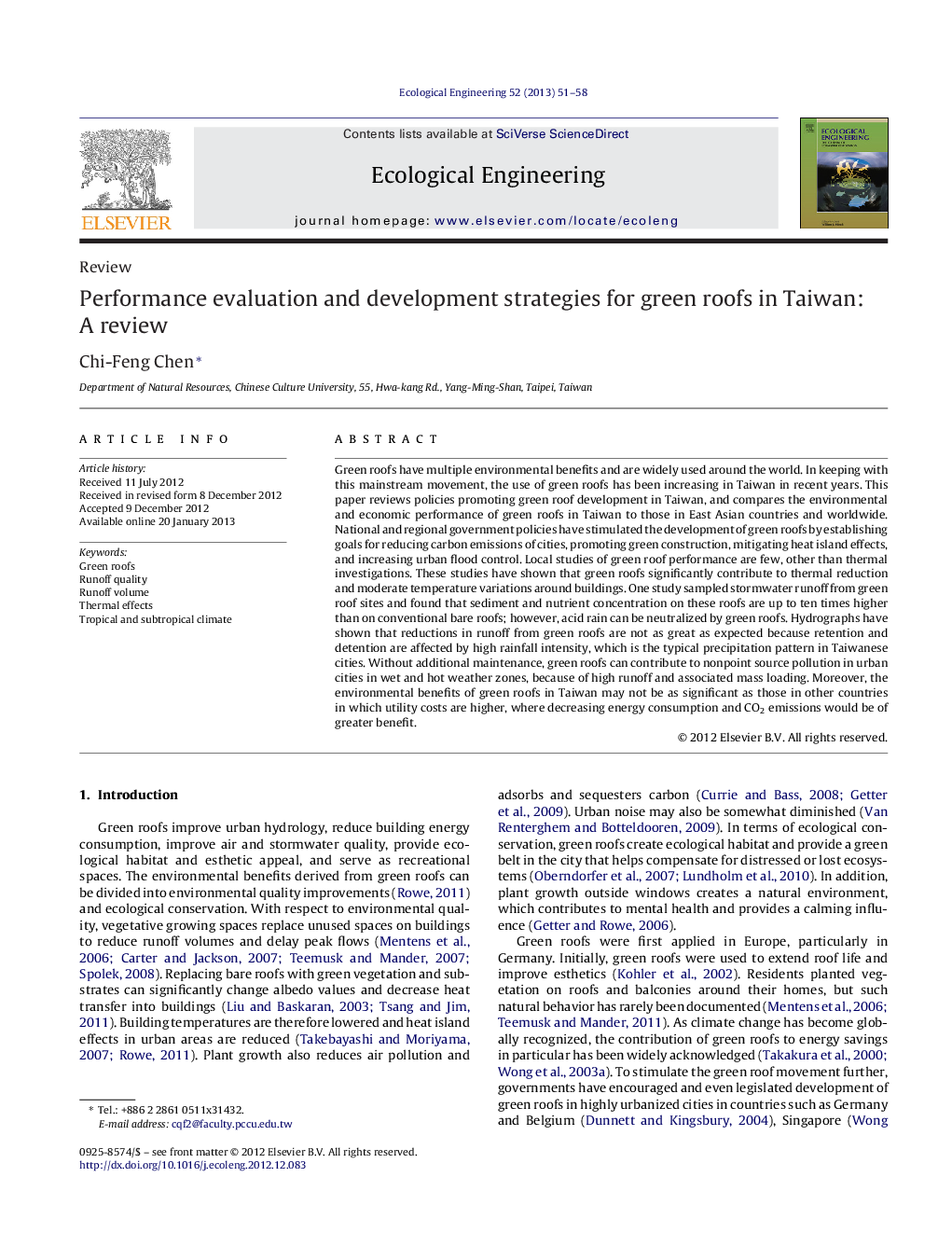 Performance evaluation and development strategies for green roofs in Taiwan: A review