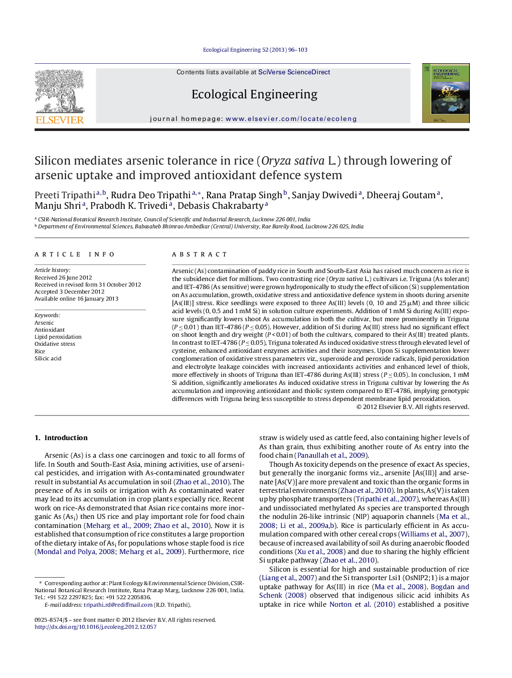 Silicon mediates arsenic tolerance in rice (Oryza sativa L.) through lowering of arsenic uptake and improved antioxidant defence system