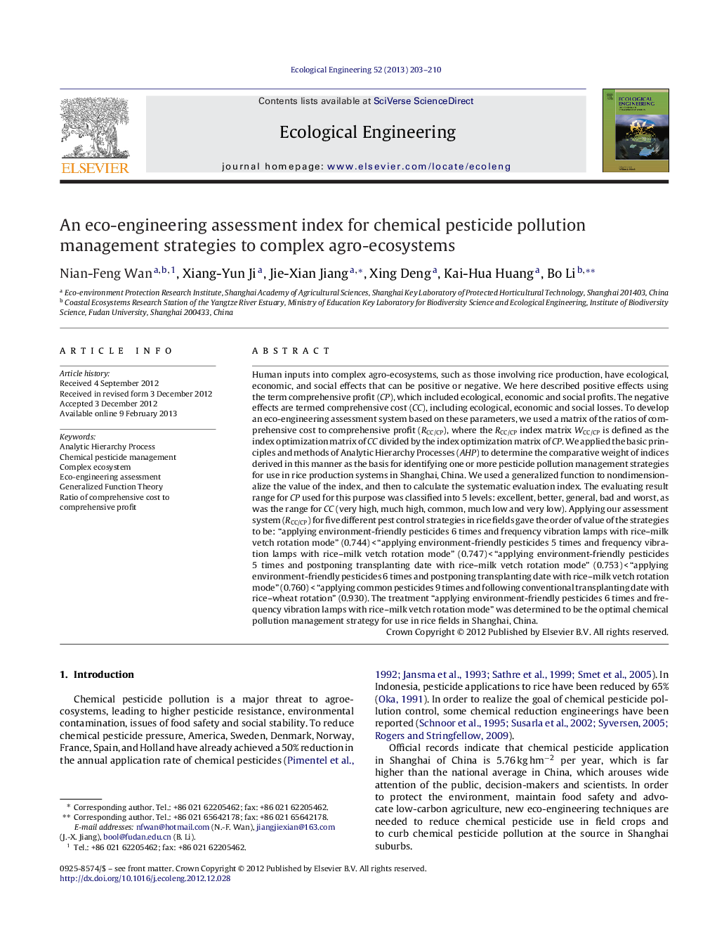 An eco-engineering assessment index for chemical pesticide pollution management strategies to complex agro-ecosystems