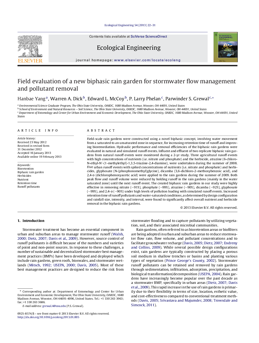 Field evaluation of a new biphasic rain garden for stormwater flow management and pollutant removal