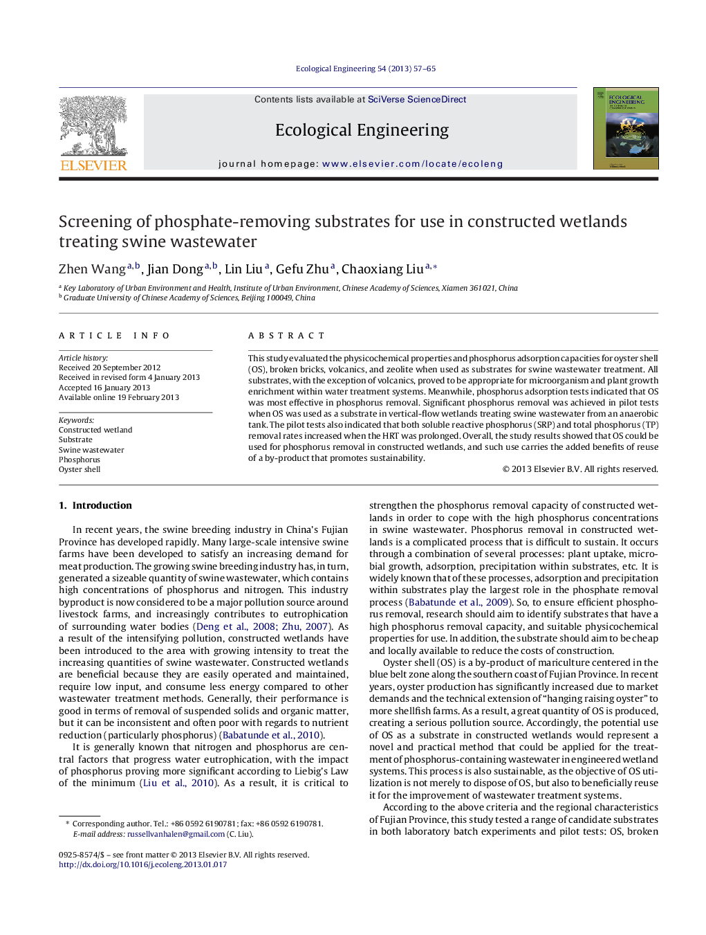 Screening of phosphate-removing substrates for use in constructed wetlands treating swine wastewater