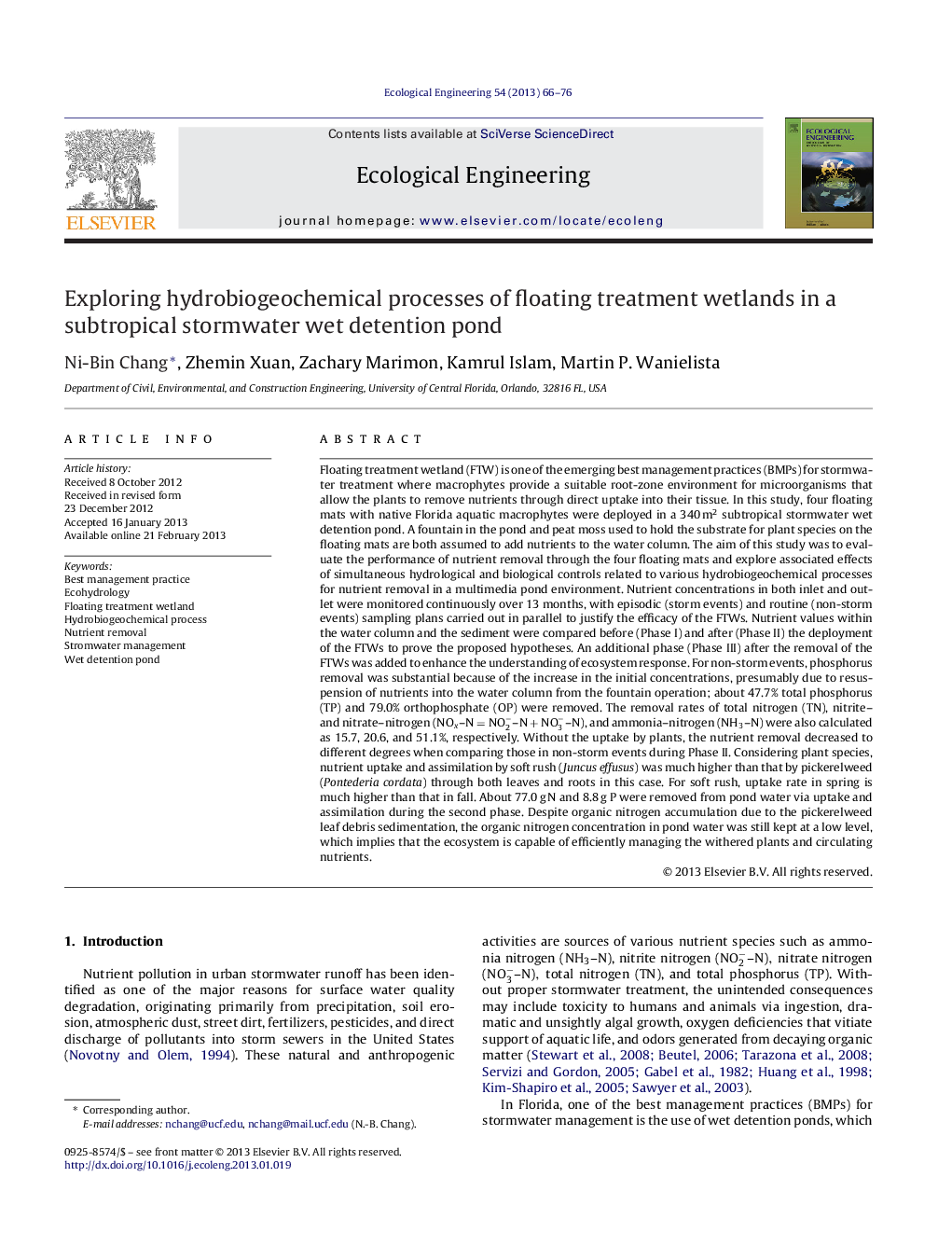 Exploring hydrobiogeochemical processes of floating treatment wetlands in a subtropical stormwater wet detention pond