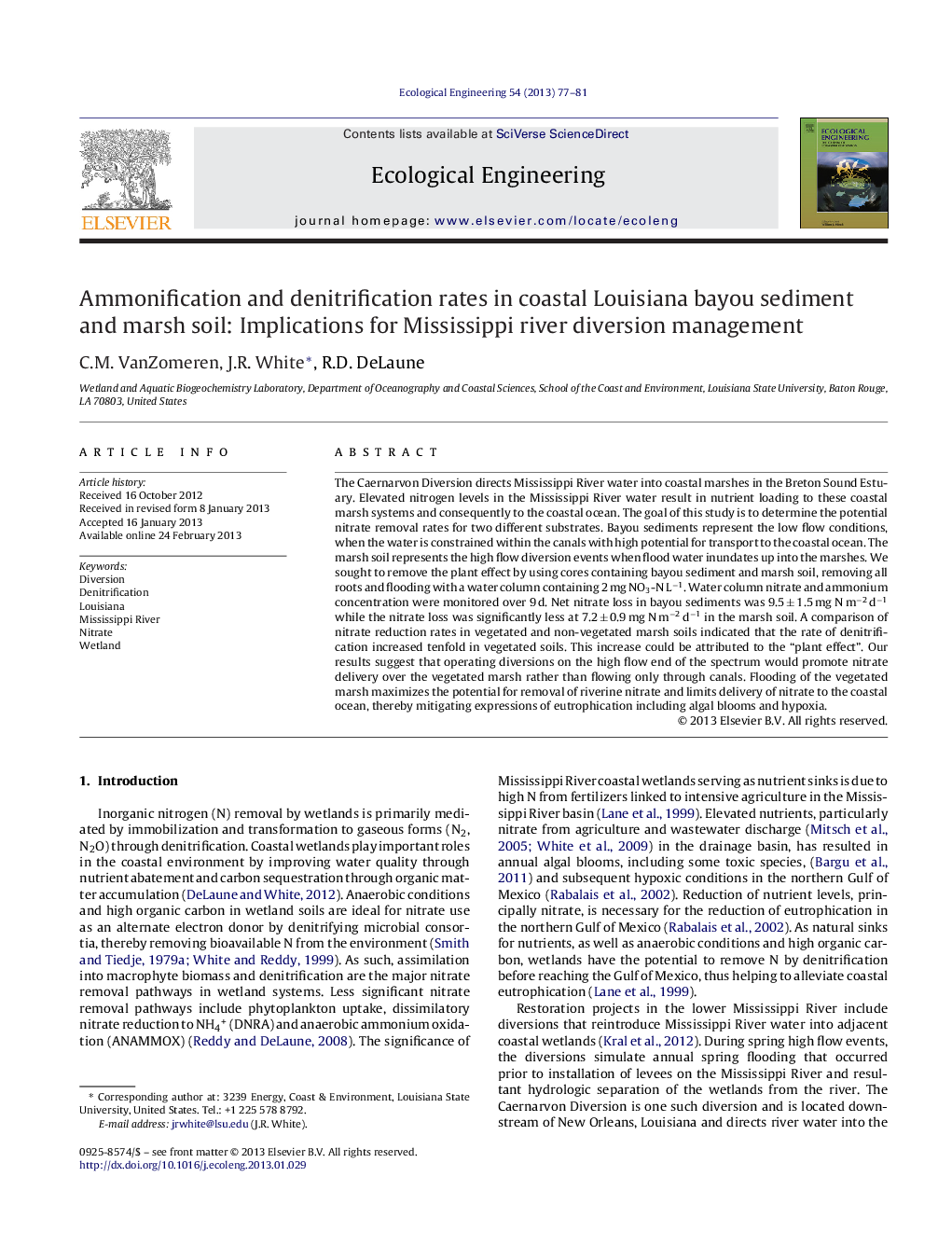 Ammonification and denitrification rates in coastal Louisiana bayou sediment and marsh soil: Implications for Mississippi river diversion management