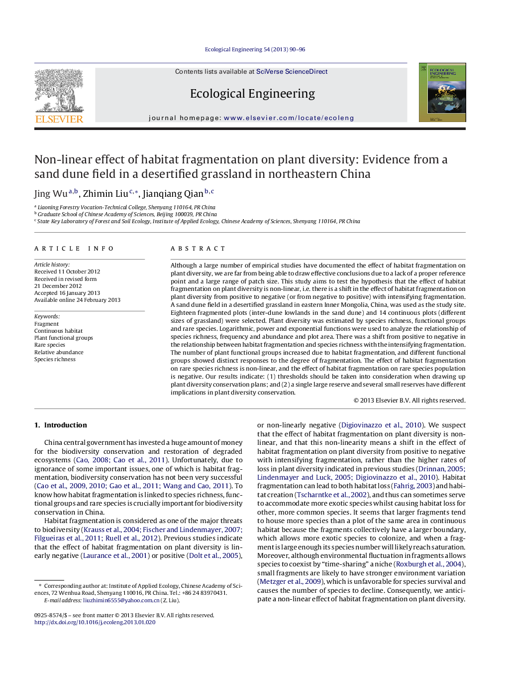 Non-linear effect of habitat fragmentation on plant diversity: Evidence from a sand dune field in a desertified grassland in northeastern China