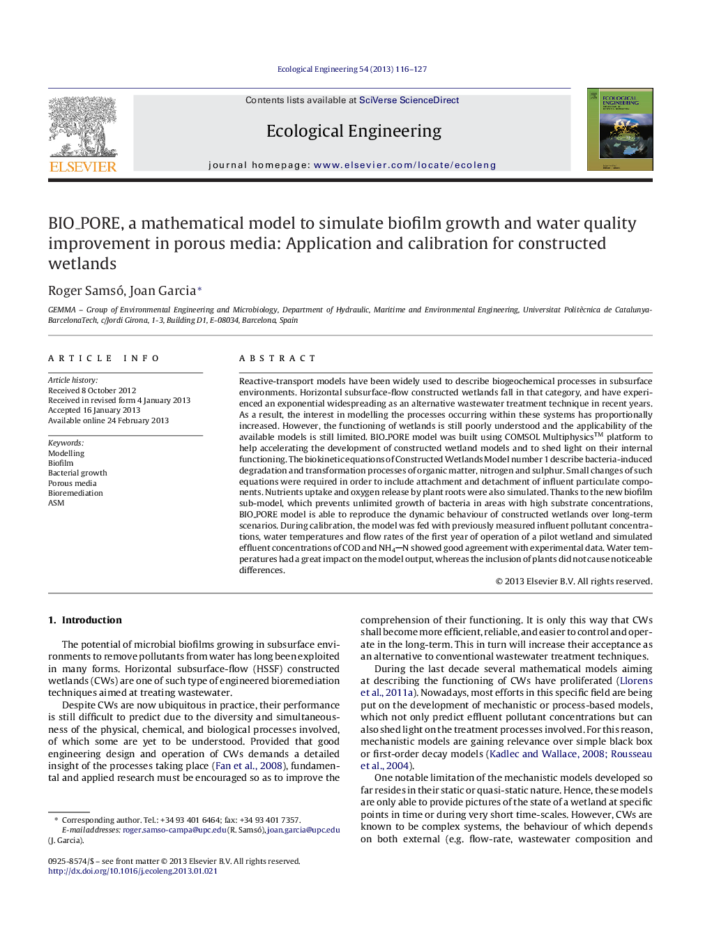 BIO_PORE, a mathematical model to simulate biofilm growth and water quality improvement in porous media: Application and calibration for constructed wetlands