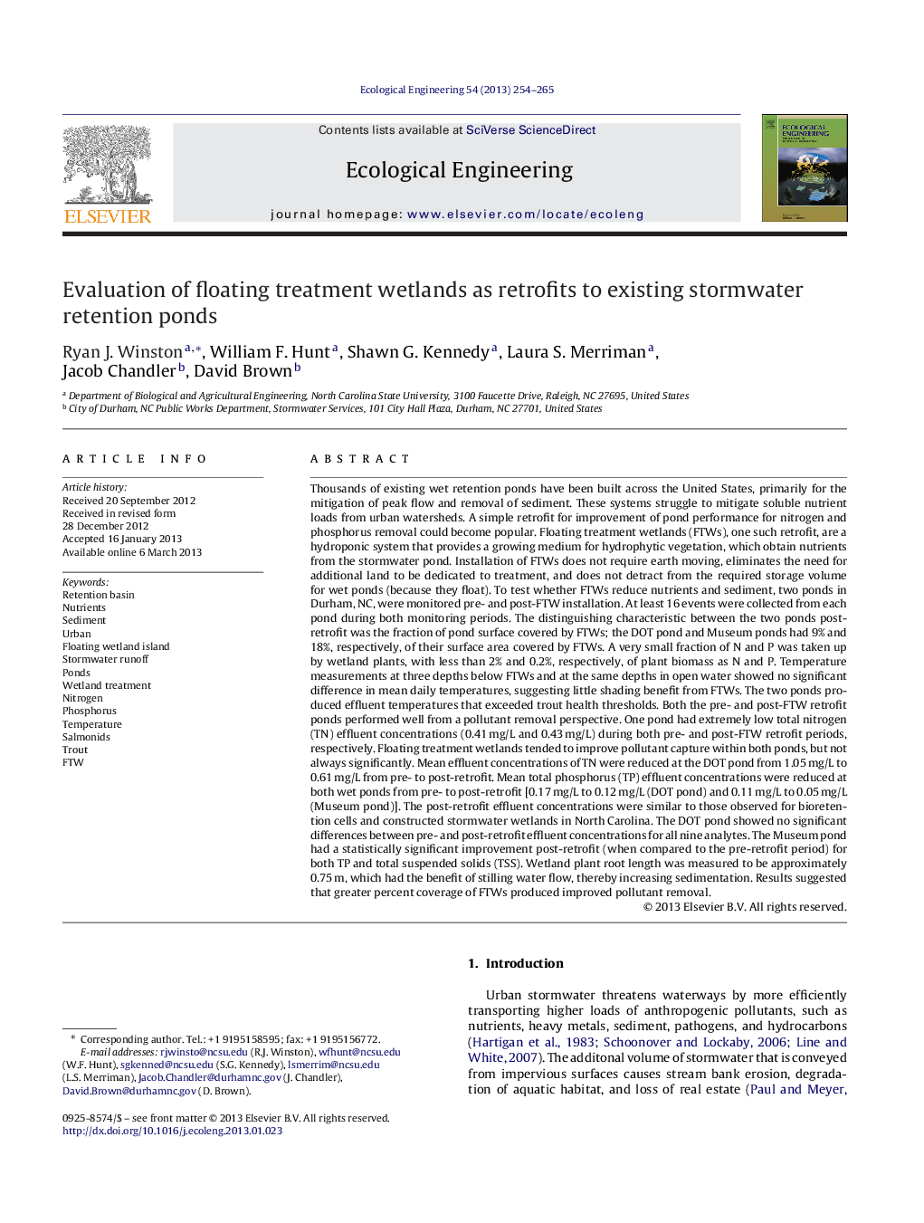 Evaluation of floating treatment wetlands as retrofits to existing stormwater retention ponds