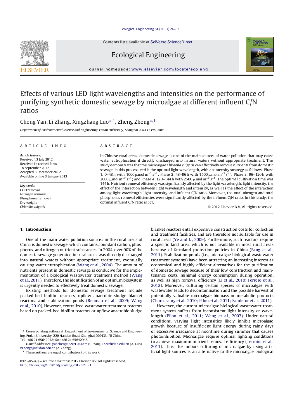 Effects of various LED light wavelengths and intensities on the performance of purifying synthetic domestic sewage by microalgae at different influent C/N ratios