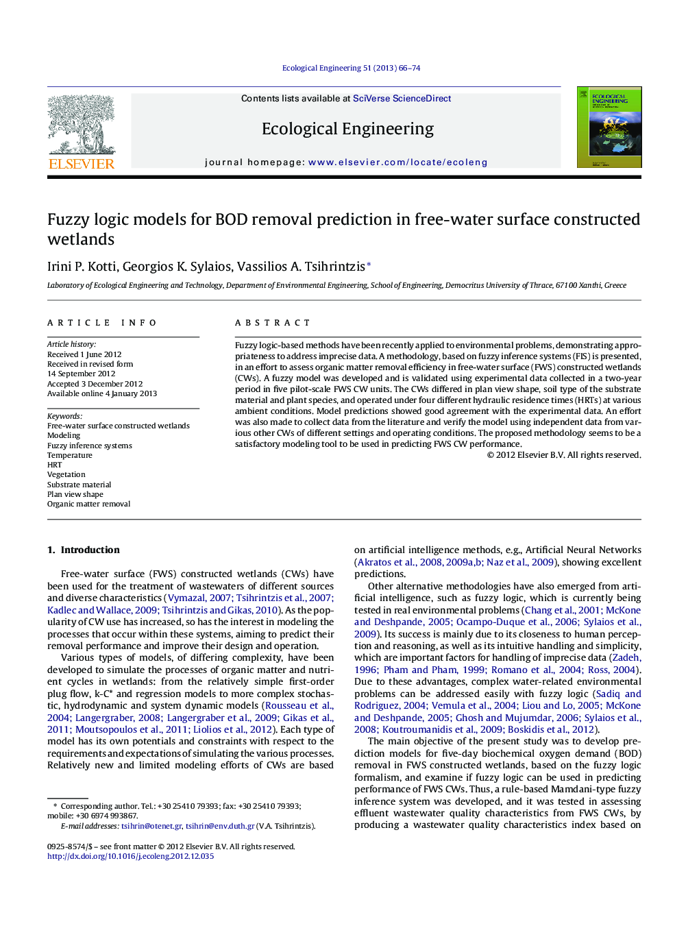 Fuzzy logic models for BOD removal prediction in free-water surface constructed wetlands