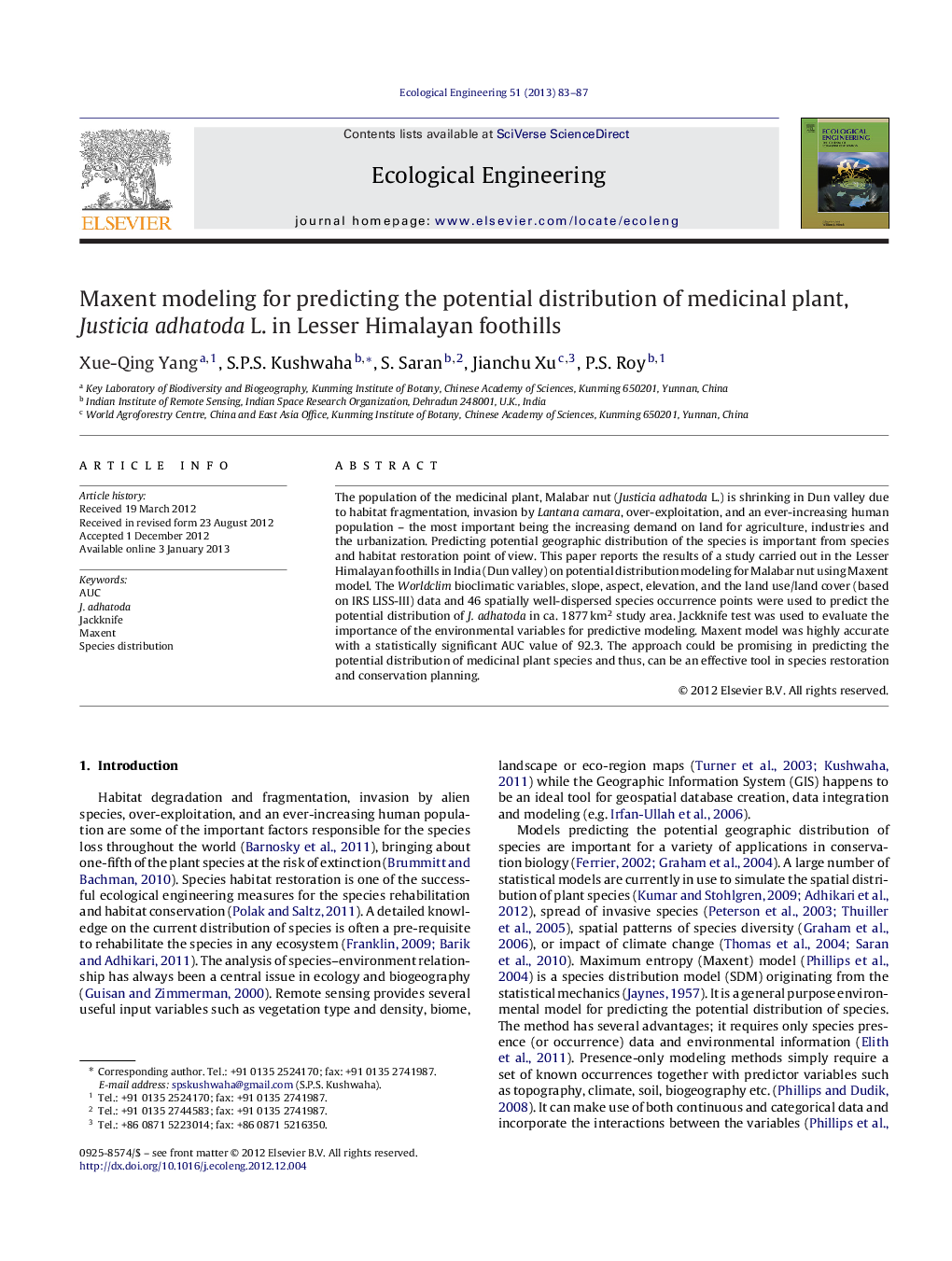 Maxent modeling for predicting the potential distribution of medicinal plant, Justicia adhatoda L. in Lesser Himalayan foothills