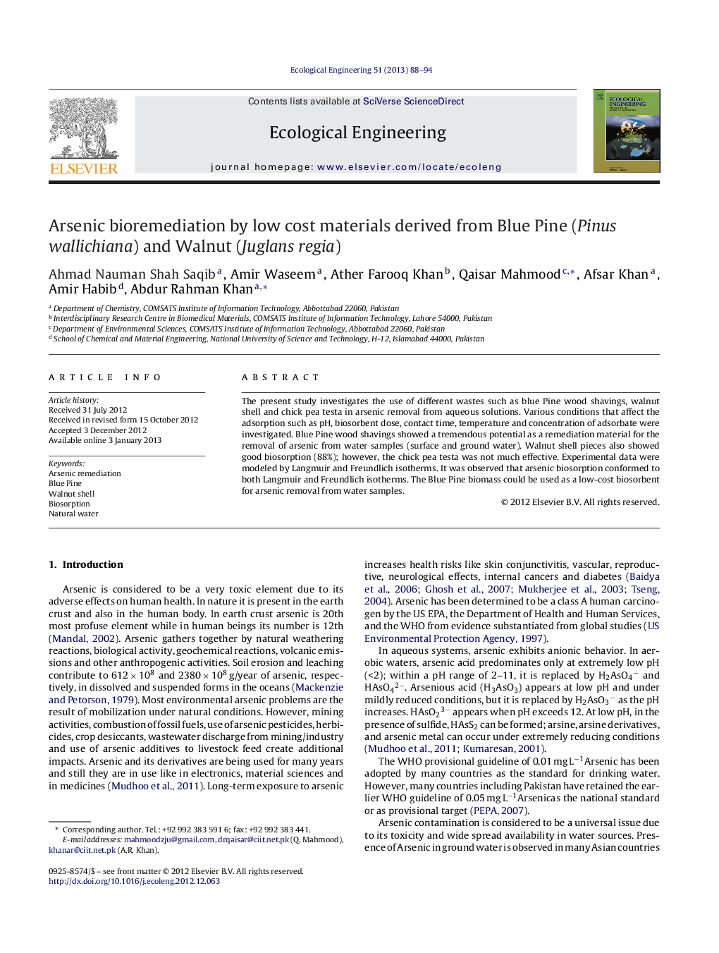 Arsenic bioremediation by low cost materials derived from Blue Pine (Pinus wallichiana) and Walnut (Juglans regia)