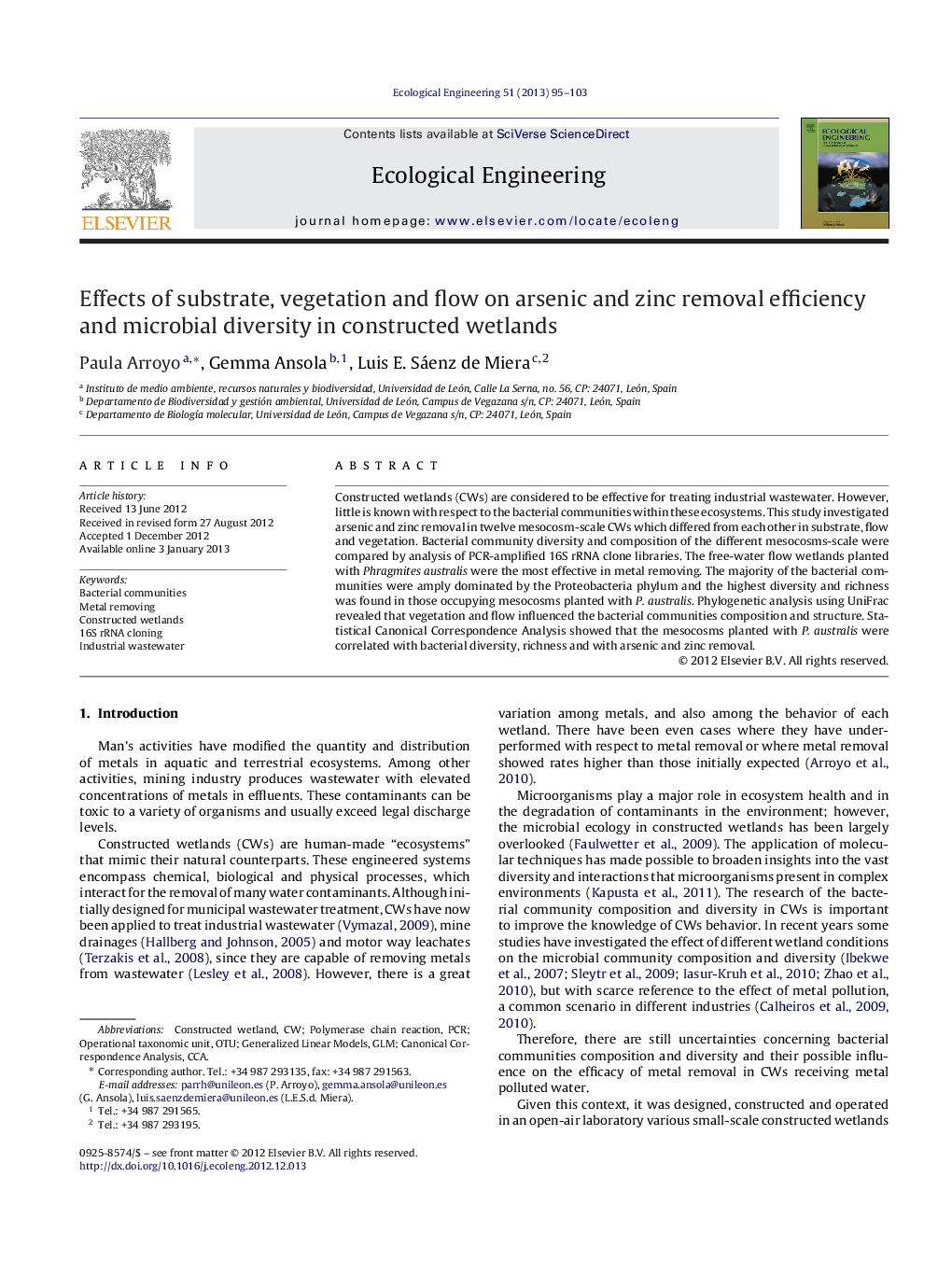 Effects of substrate, vegetation and flow on arsenic and zinc removal efficiency and microbial diversity in constructed wetlands