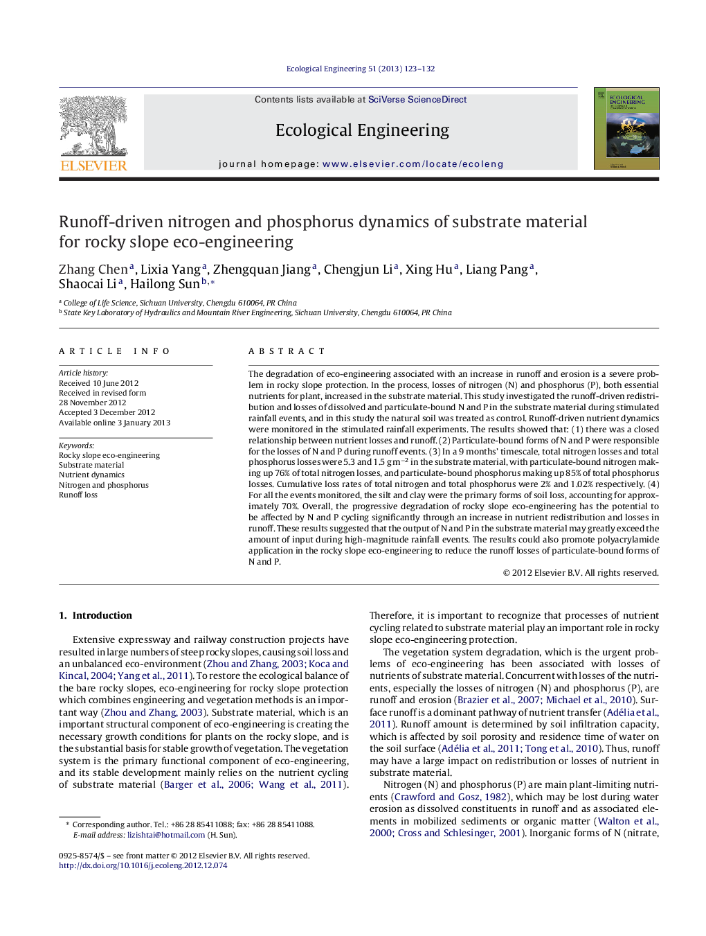 Runoff-driven nitrogen and phosphorus dynamics of substrate material for rocky slope eco-engineering