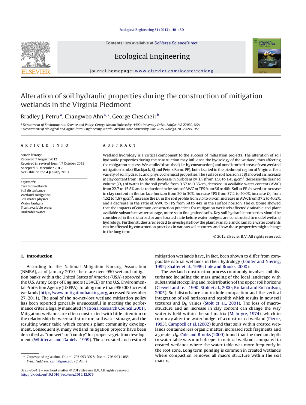 Alteration of soil hydraulic properties during the construction of mitigation wetlands in the Virginia Piedmont