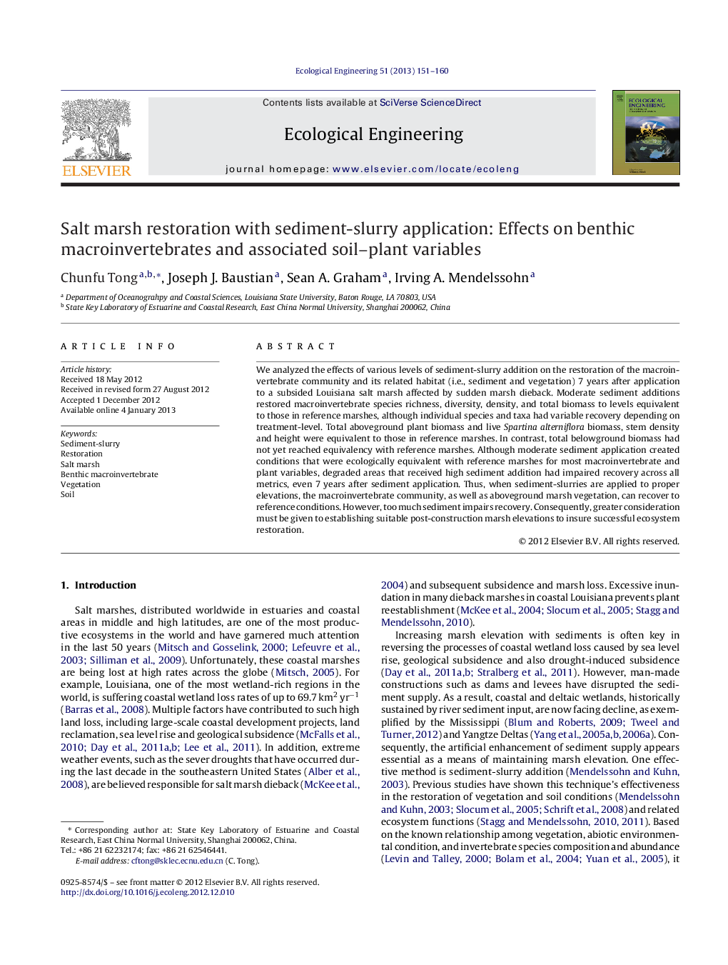 Salt marsh restoration with sediment-slurry application: Effects on benthic macroinvertebrates and associated soil–plant variables