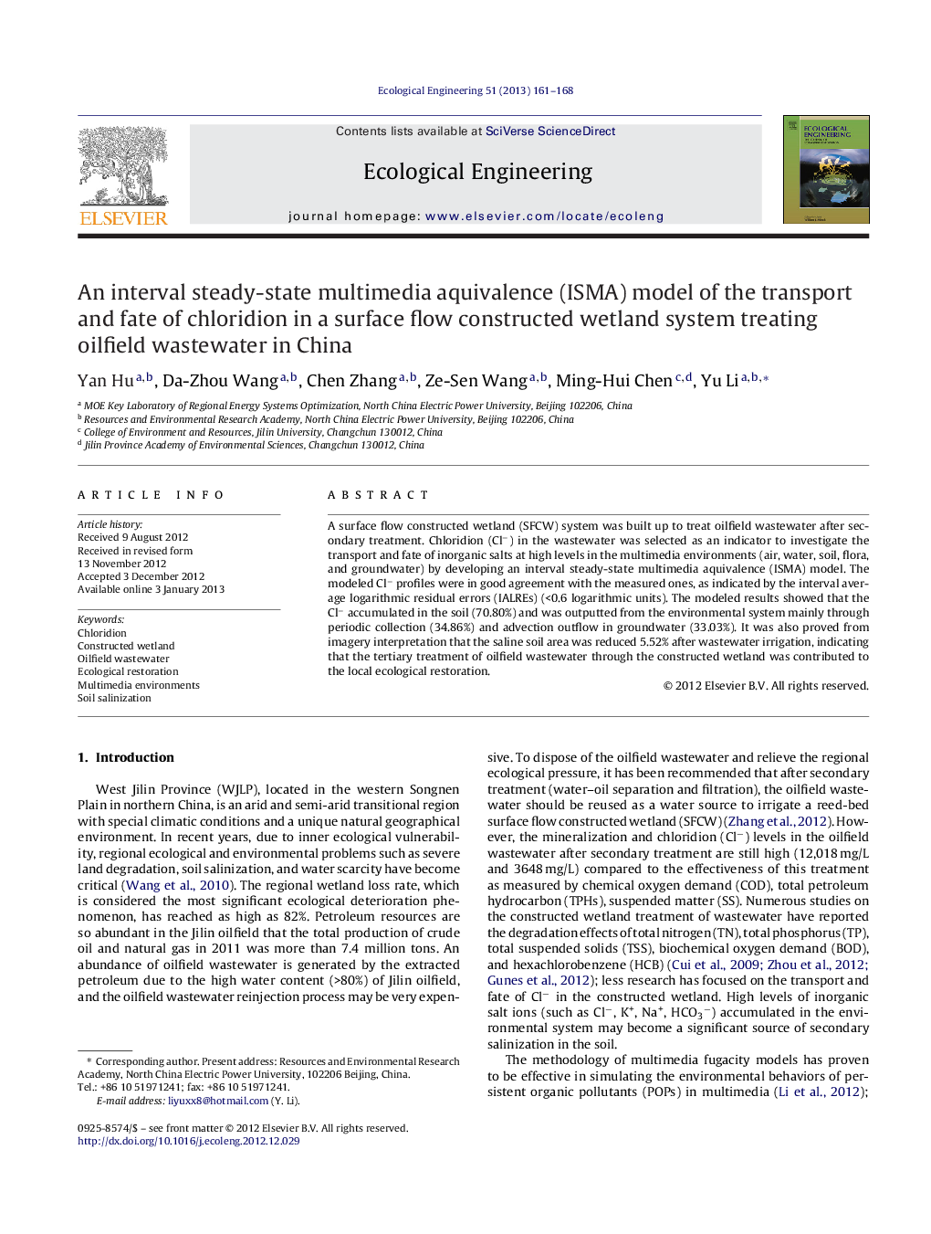 An interval steady-state multimedia aquivalence (ISMA) model of the transport and fate of chloridion in a surface flow constructed wetland system treating oilfield wastewater in China