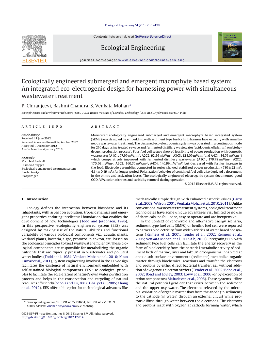 Ecologically engineered submerged and emergent macrophyte based system: An integrated eco-electrogenic design for harnessing power with simultaneous wastewater treatment