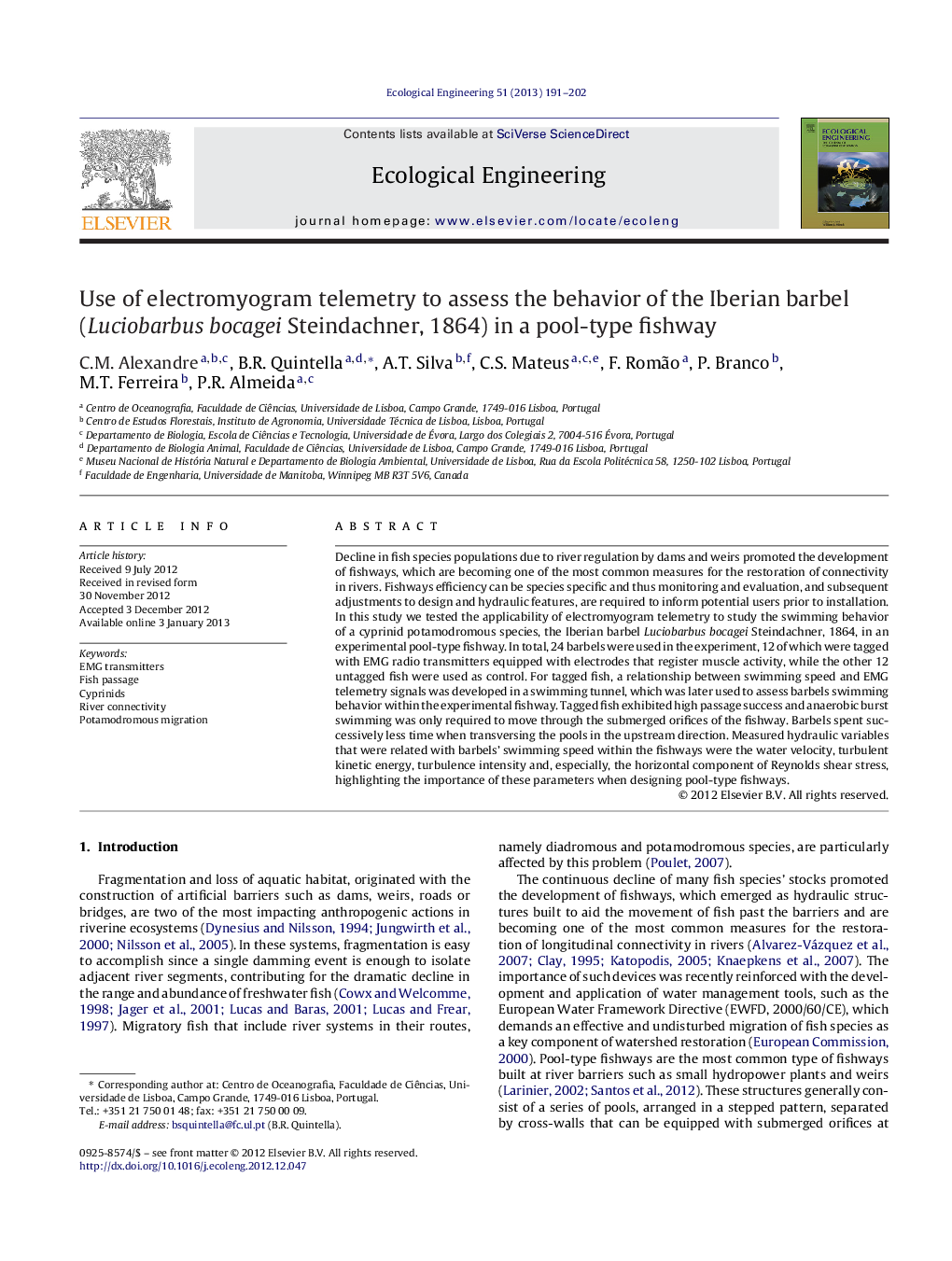 Use of electromyogram telemetry to assess the behavior of the Iberian barbel (Luciobarbus bocagei Steindachner, 1864) in a pool-type fishway