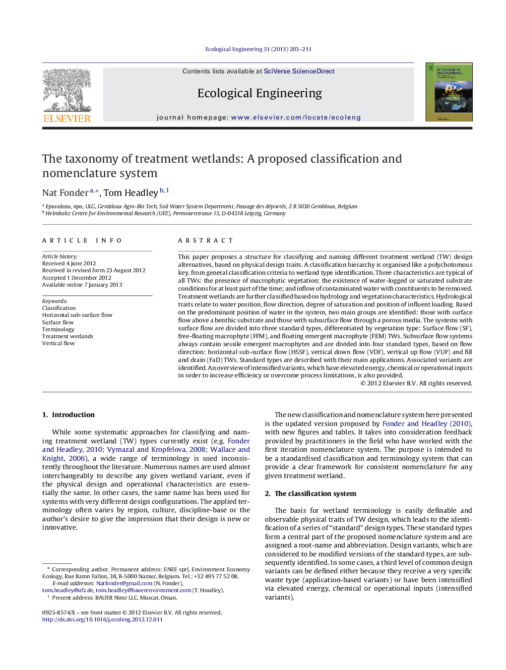 The taxonomy of treatment wetlands: A proposed classification and nomenclature system