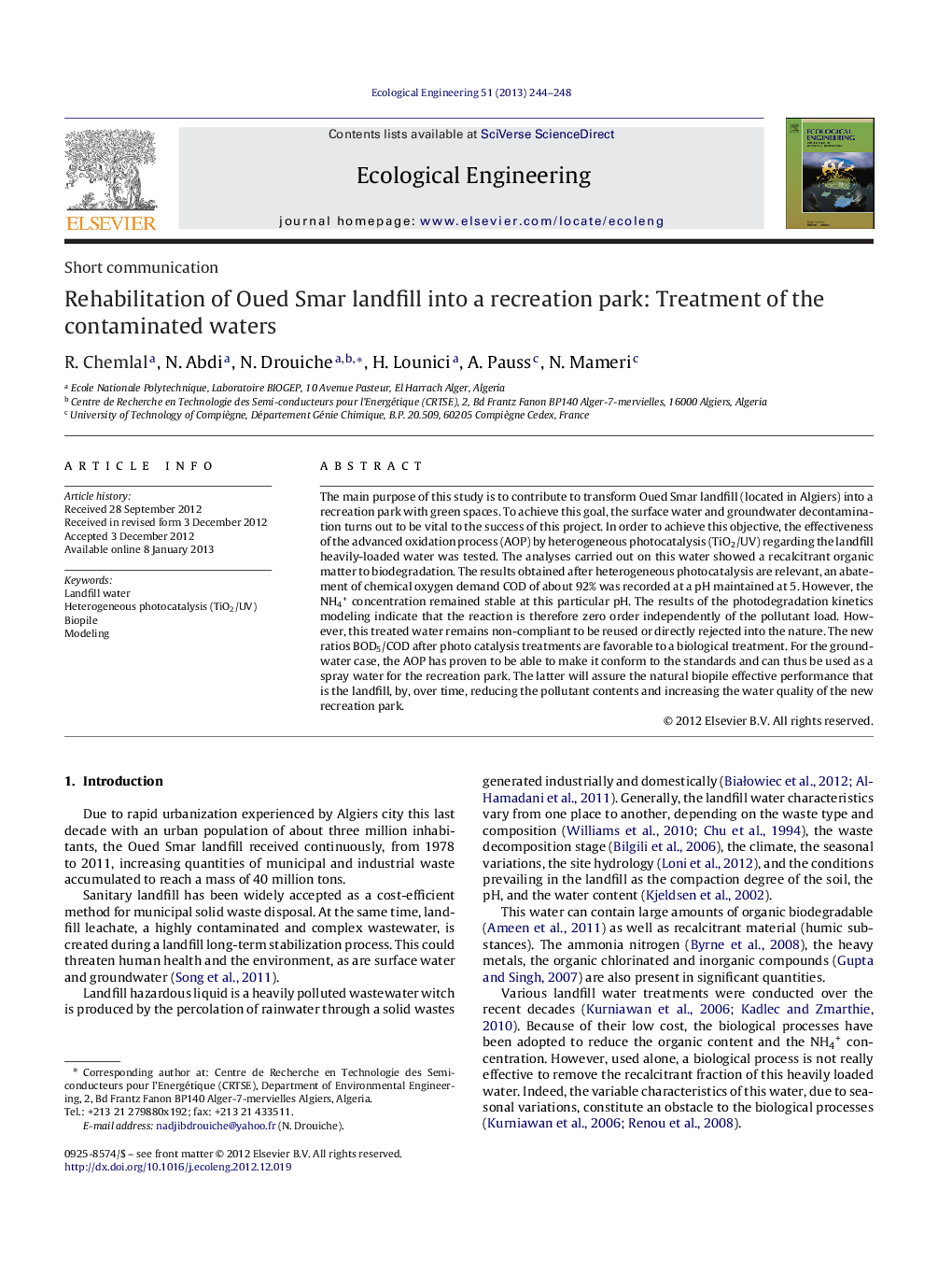 Rehabilitation of Oued Smar landfill into a recreation park: Treatment of the contaminated waters