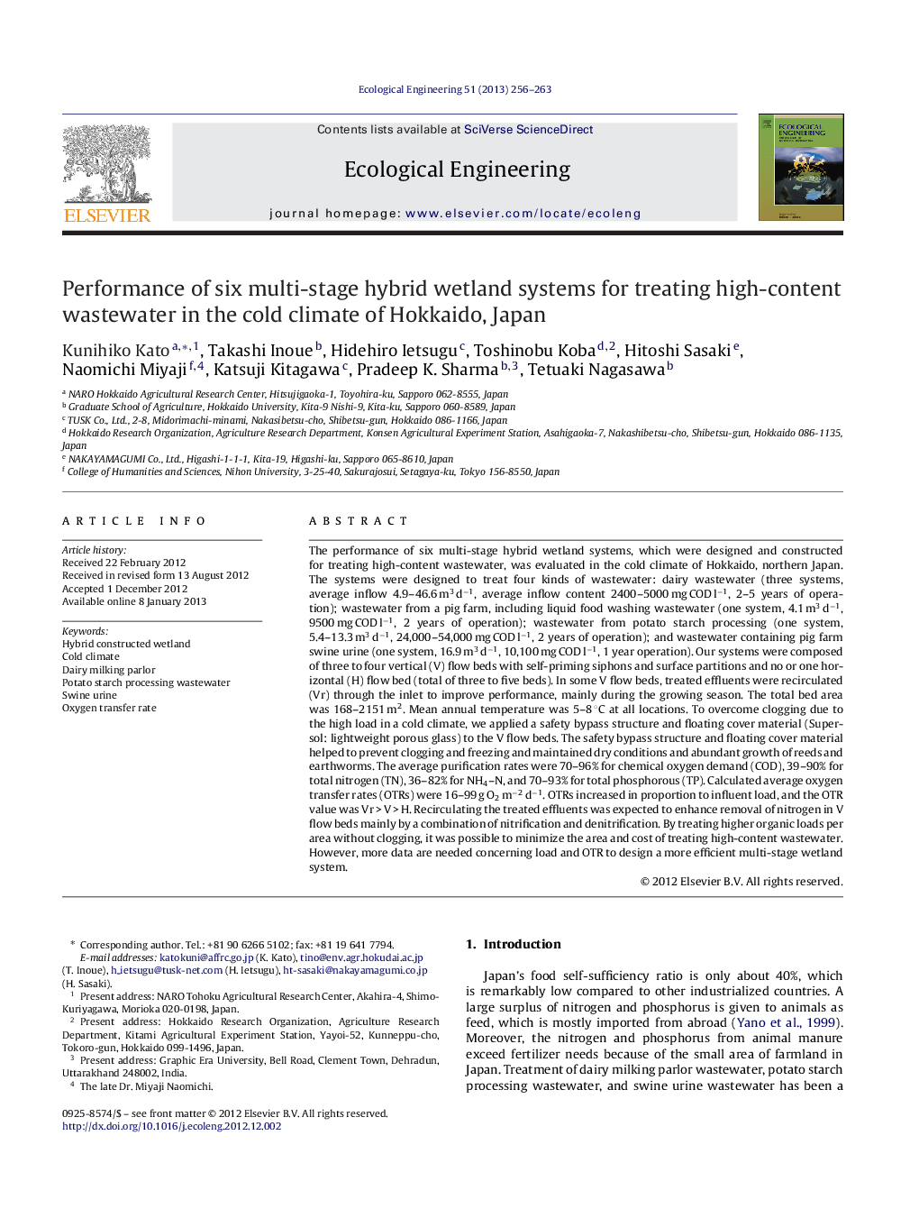 Performance of six multi-stage hybrid wetland systems for treating high-content wastewater in the cold climate of Hokkaido, Japan