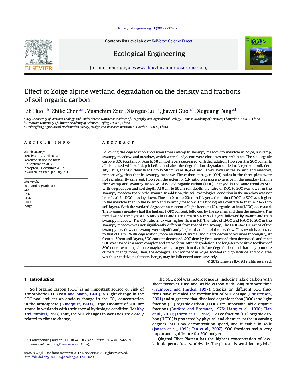 Effect of Zoige alpine wetland degradation on the density and fractions of soil organic carbon