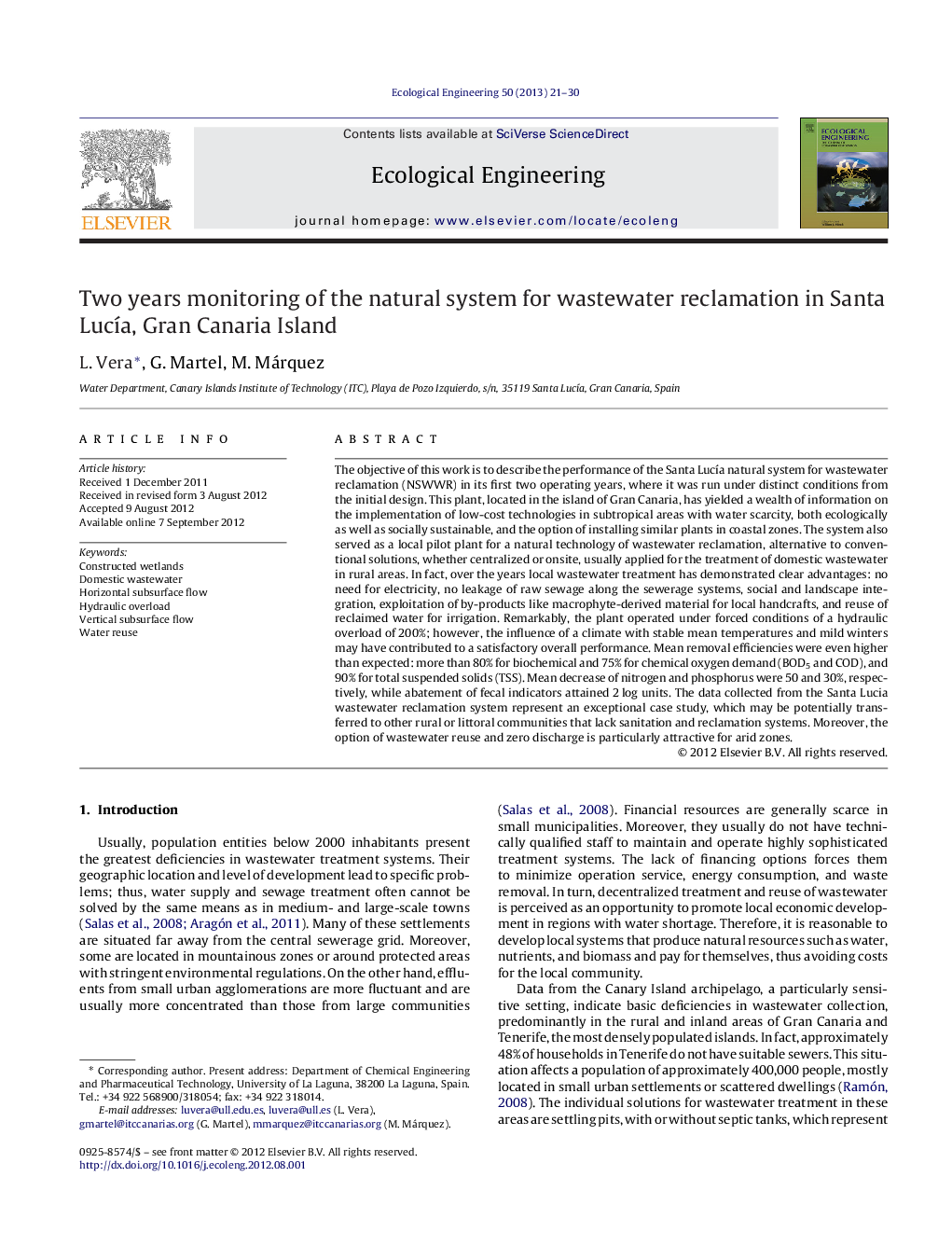 Two years monitoring of the natural system for wastewater reclamation in Santa LucÃ­a, Gran Canaria Island