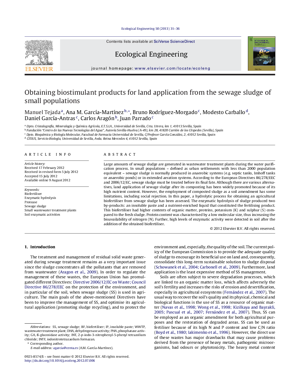 Obtaining biostimulant products for land application from the sewage sludge of small populations