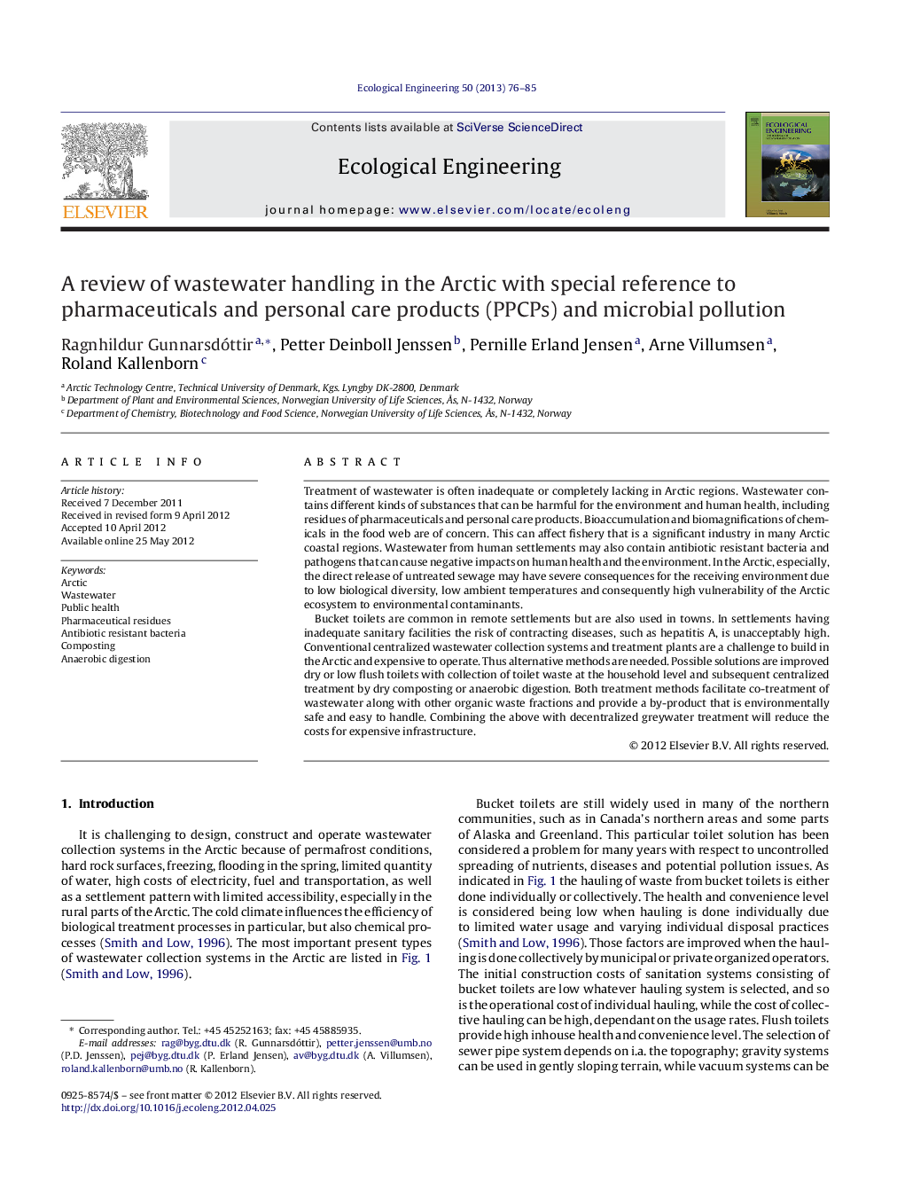 A review of wastewater handling in the Arctic with special reference to pharmaceuticals and personal care products (PPCPs) and microbial pollution