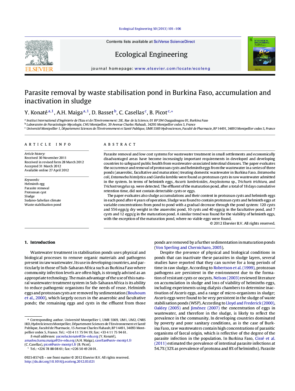 Parasite removal by waste stabilisation pond in Burkina Faso, accumulation and inactivation in sludge
