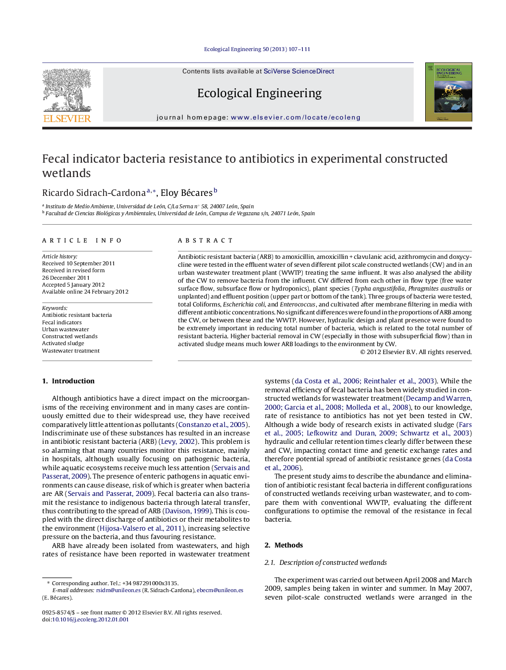 Fecal indicator bacteria resistance to antibiotics in experimental constructed wetlands