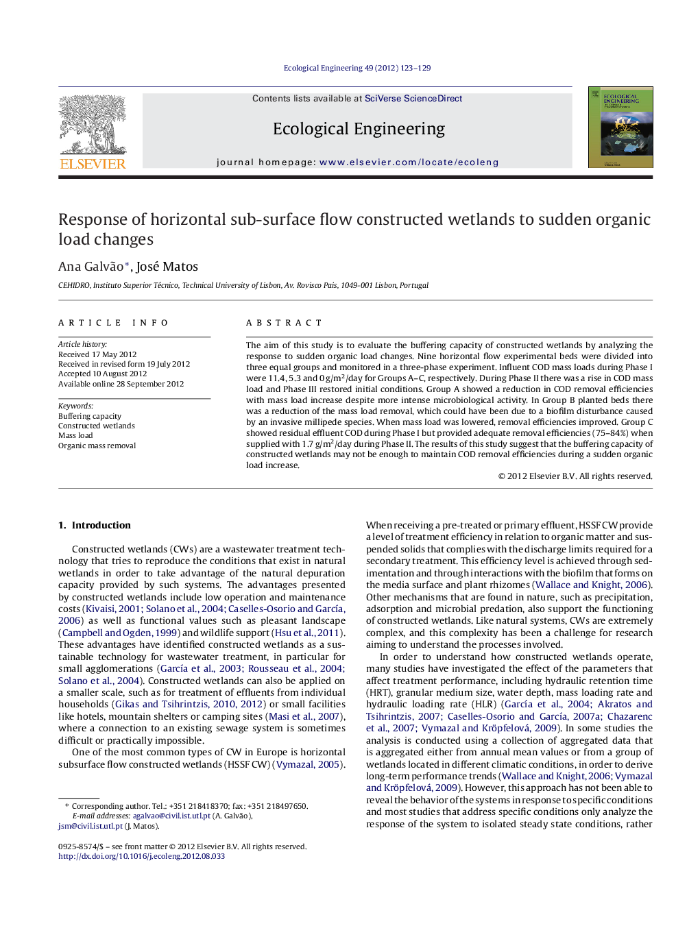 Response of horizontal sub-surface flow constructed wetlands to sudden organic load changes