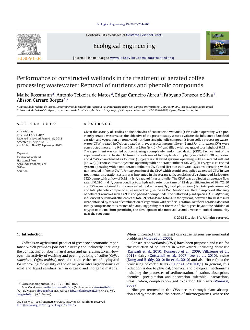 Performance of constructed wetlands in the treatment of aerated coffee processing wastewater: Removal of nutrients and phenolic compounds